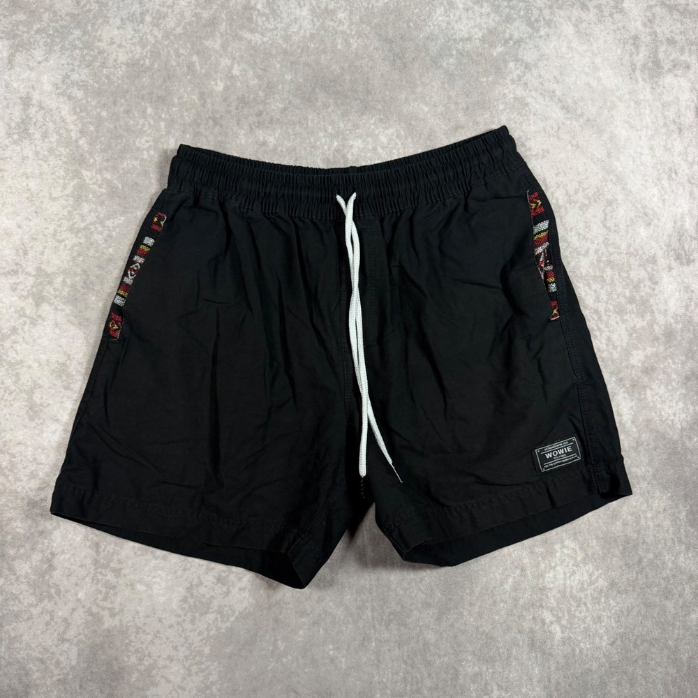 Wowie Mens Black Casual Shorts Elastic Drawstring Waist Woven Aztec Trim Size M